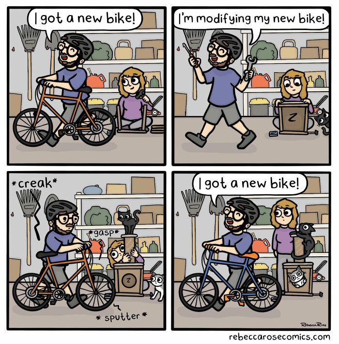 Rebecca Rose comics illustrating a man getting a new bike and his attempts to modify it, with a cat causing issues.