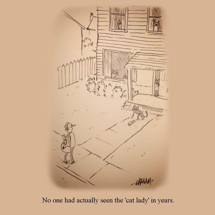 A comic of a man walking past a house full of weird cat comics peeking out of windows, with one cat on the sidewalk.