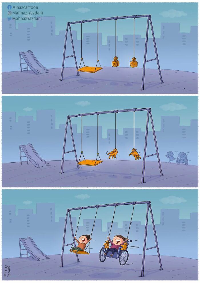 A satirical illustration showing playground swings transforming to accommodate children with disabilities in modern society.
