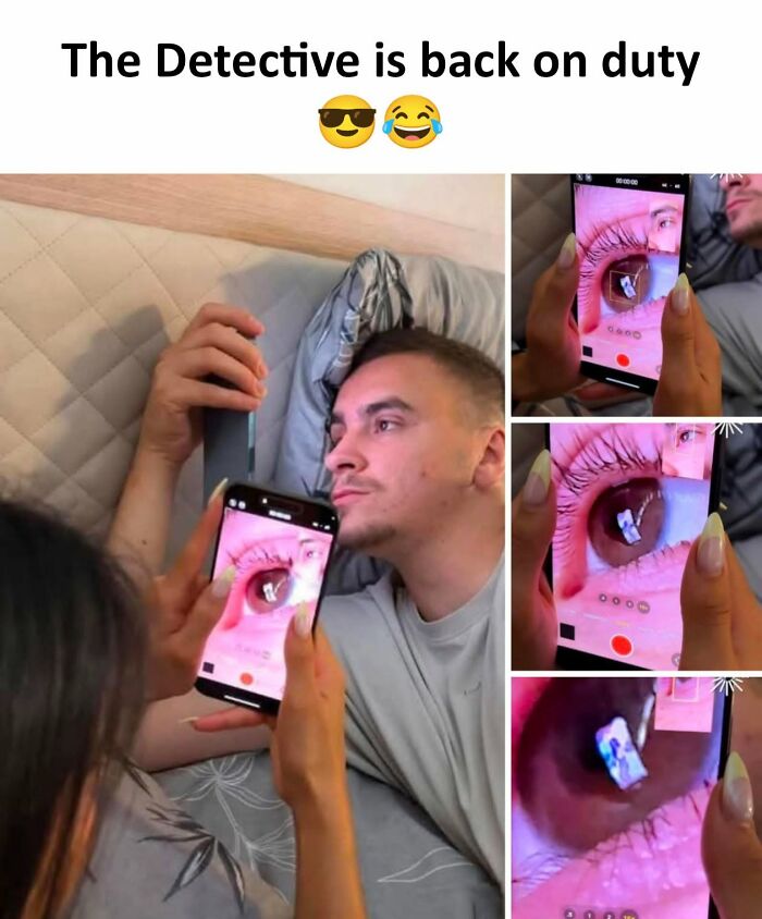 A meme from 'Xavier' titled 'The Detective is back on duty' showing a person filming their partner's eye reflecting their phone.