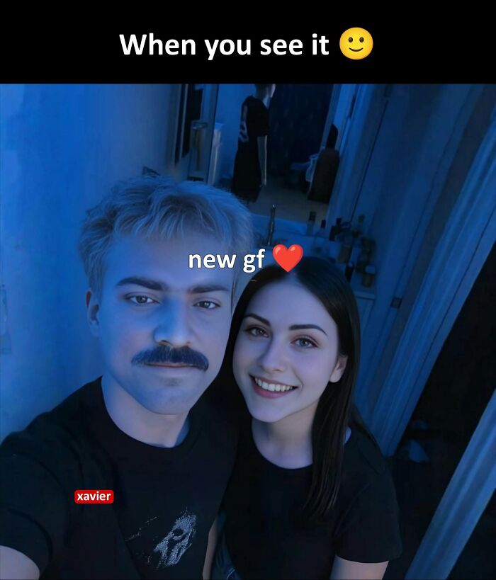 A 'Xavier' meme showing a man with a mustache and a smiling woman, captioned 'new gf' and 'When you see it'.