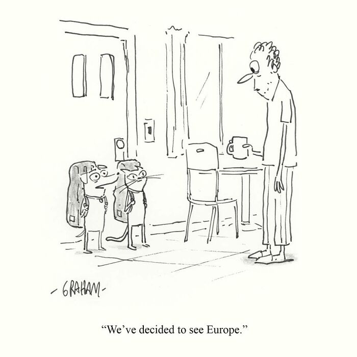 A comic featuring weird cat comics and a dog with a backpack talking to a man, saying they are going to Europe.