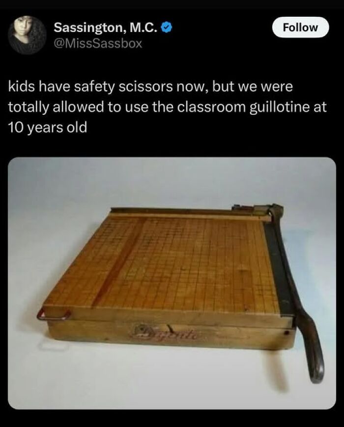 Gen X meme showcasing an old paper cutter, a common item from their school days.