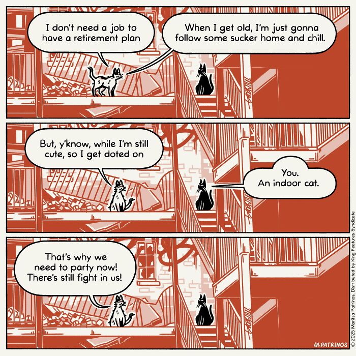 Cartoonist imagines cats with jobs: Two cats on fire escapes discuss retirement plans and their lives as indoor cats.