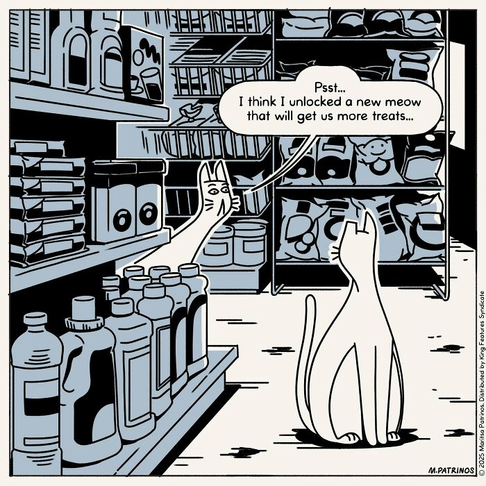 Cartoonist imagines cats with jobs: A cat reaches for treats on a shelf, trying to unlock a new meow for more.