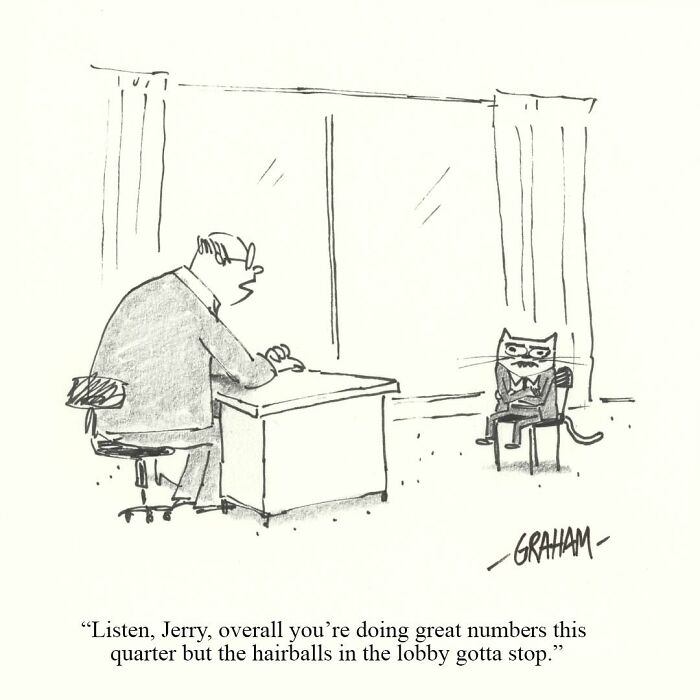 A comic showing a cat in a suit sitting opposite a man at a desk, discussing cat comics and hairballs.