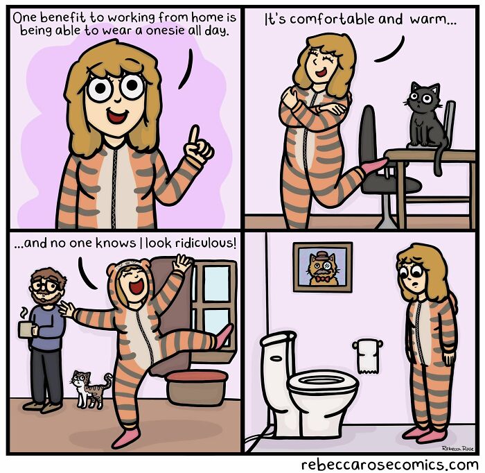 Rebecca Rose comics showing a woman enjoying the benefits of working from home in a onesie, until a moment of realization.