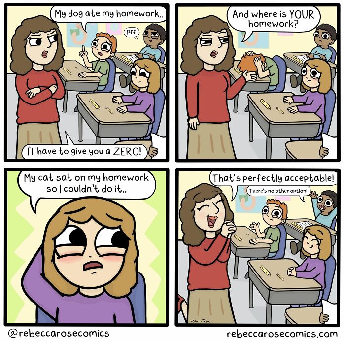 Rebecca Rose comics showing a teacher accepting a cat as a valid excuse for unfinished homework, but not a dog.