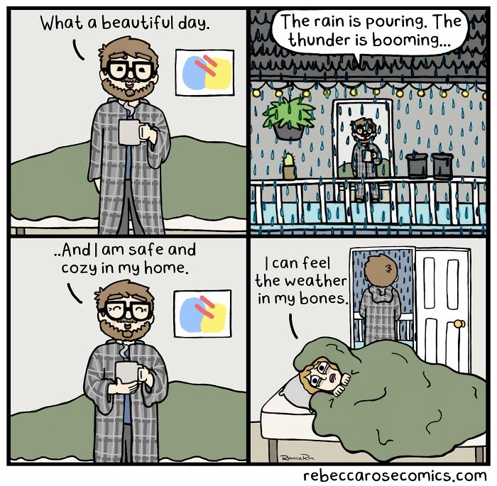 Rebecca Rose comics illustrating a man enjoying a beautiful day turning into a person feeling the weather in their bones.