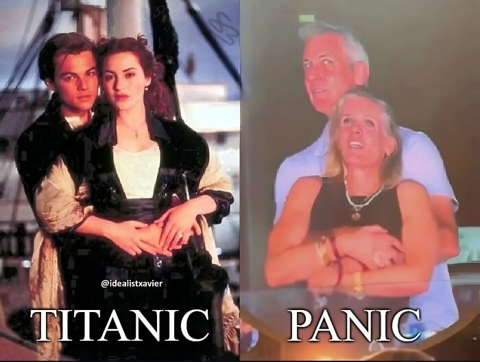 A split image comparing a romantic Titanic scene with a couple in a panic, from Xavier's hilarious posts.