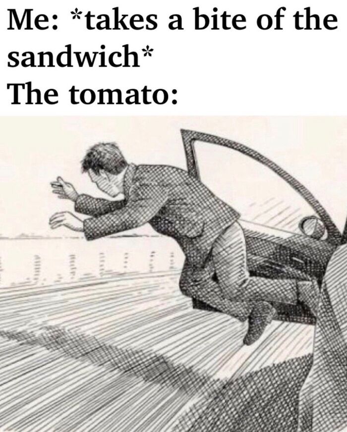 A relatable meme illustrating a tomato jumping out of a sandwich after a bite, a respectful meme to boost morale.