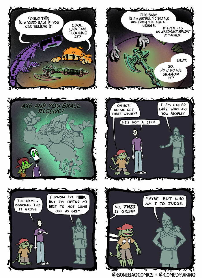 A six-panel comic showing the absurd daily life of a necromancer and his assistant summoning a viking.