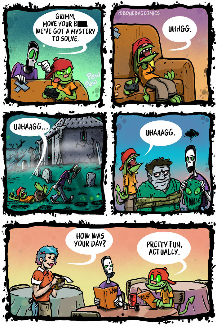 A six-panel comic strip depicting the absurd daily life of a necromancer and his assistant solving a mystery.