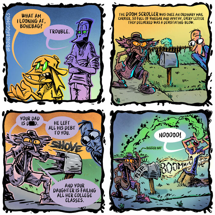 A four-panel comic illustrating the absurd daily life of a necromancer and his assistant with a mail carrier.