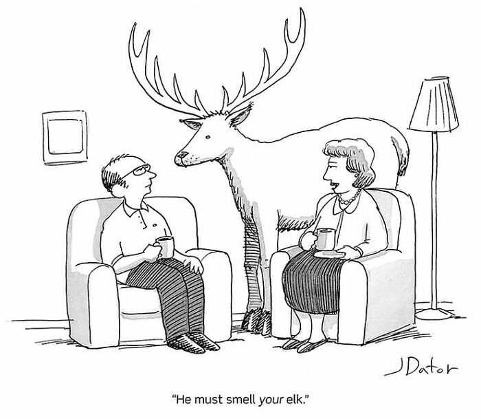 A brilliant single panel cartoonist drawing of a large elk sniffing a woman, showcasing everyday absurdity.