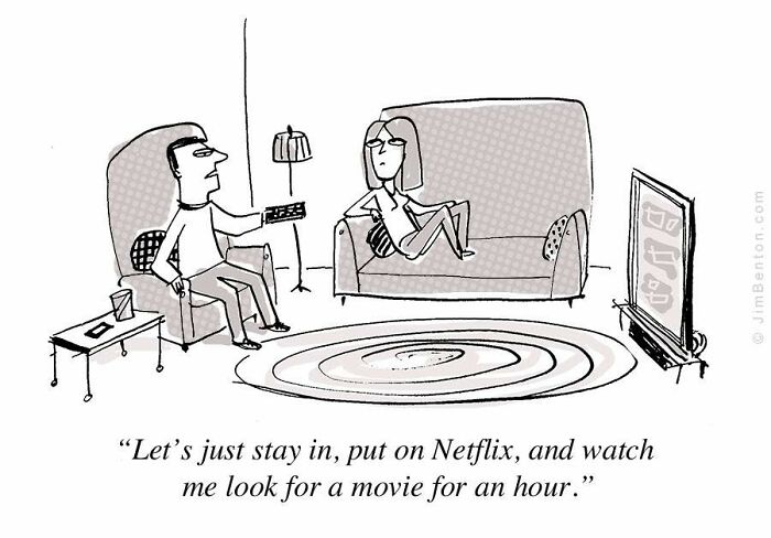 A New Yorker cartoon features a couple on a couch with a TV, highlighting a common Netflix dilemma. The cartoon captures everyday absurdity.