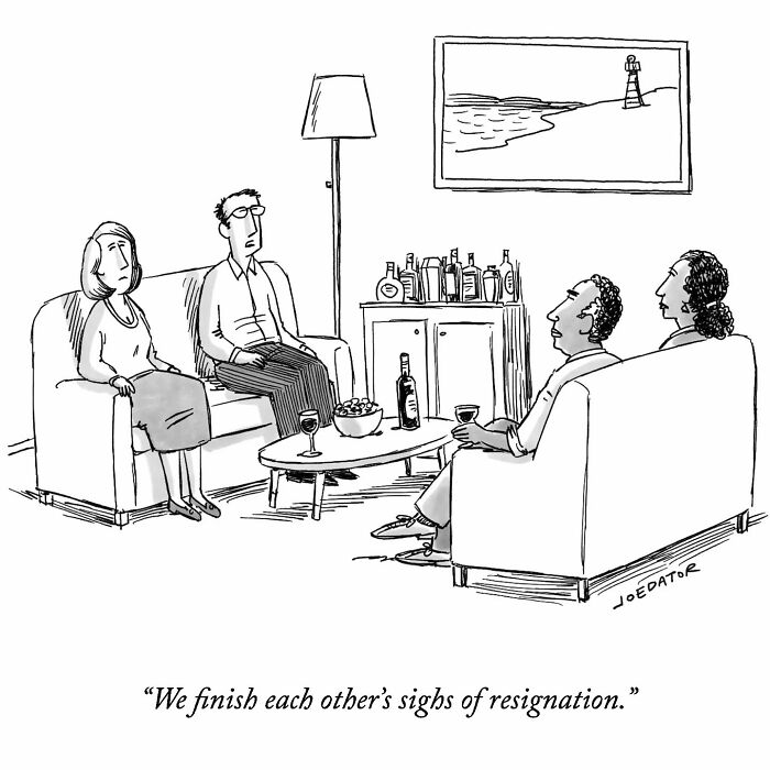 A brilliant single panel cartoonist illustration showing couples sharing resignation sighs, depicting everyday absurdity.