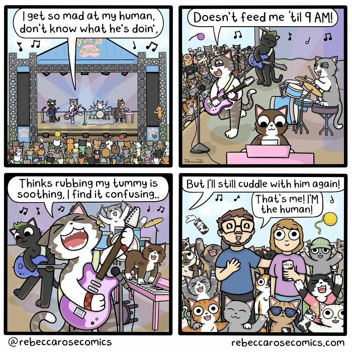 Rebecca Rose comics depicting cats performing as a rock band, annoyed by their human, and then cuddling.