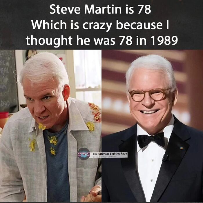 A meme comparing Steve Martin in the 80s and today, highlighting the superior decades of the 80s and 90s.