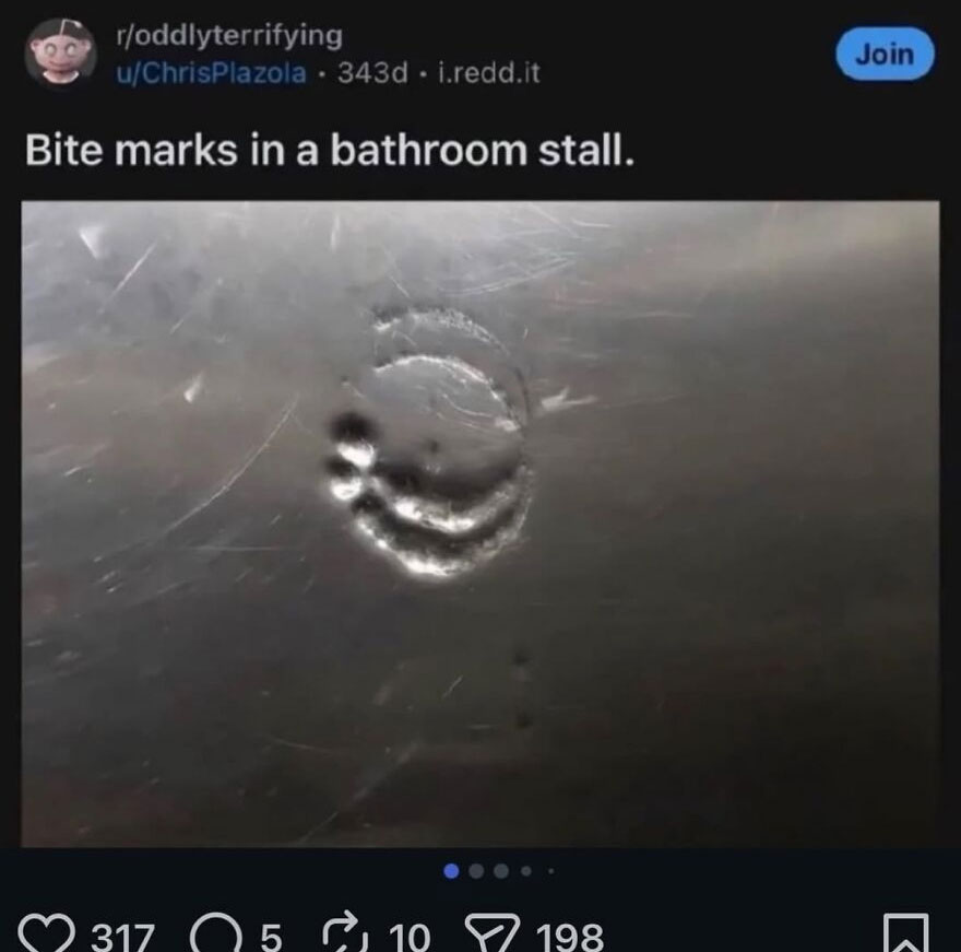 A hilariously unhinged screenshot showing a metal bathroom stall with peculiar bite marks on its surface.