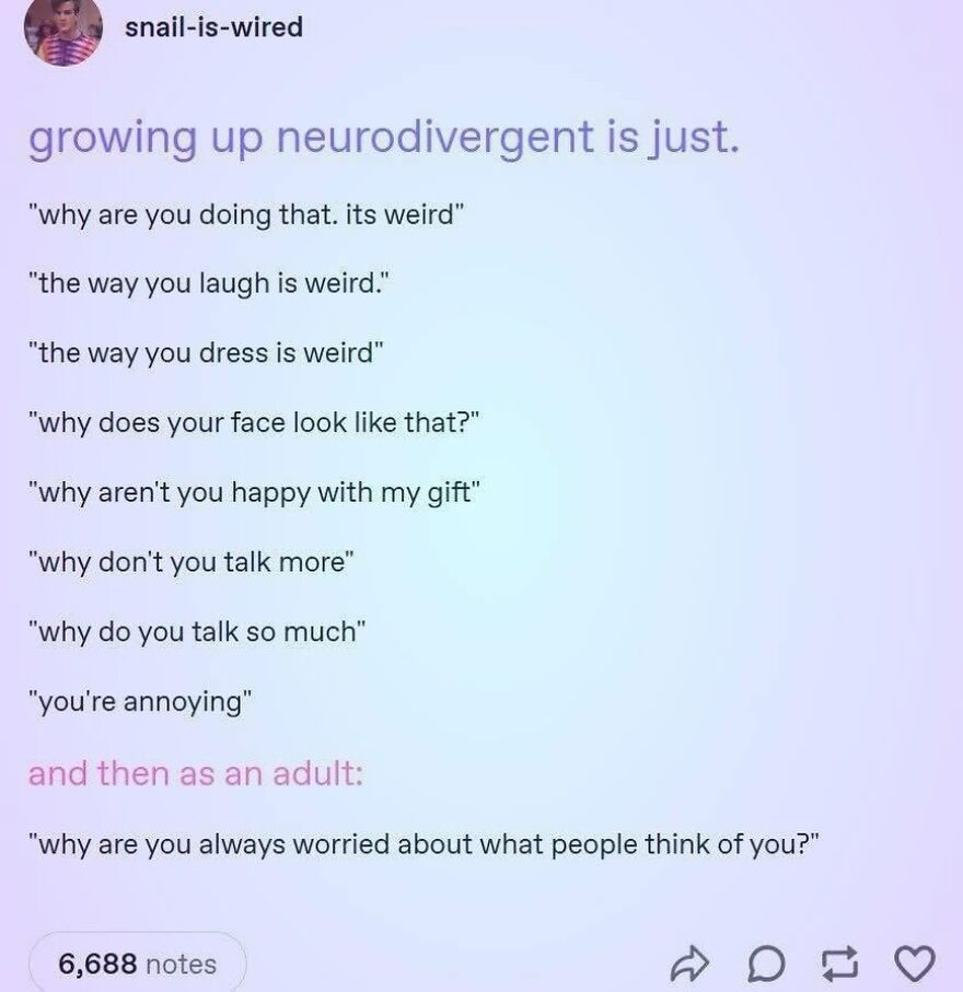 A meme listing common neurodivergent experiences, illustrating how autistic people often feel misunderstood during childhood.
