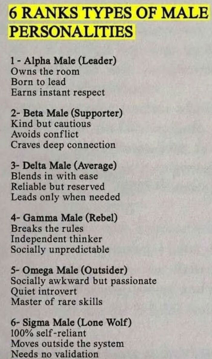 A chart of male personalities, used as a funny example of how some guys think highly of themselves, ranking traits.