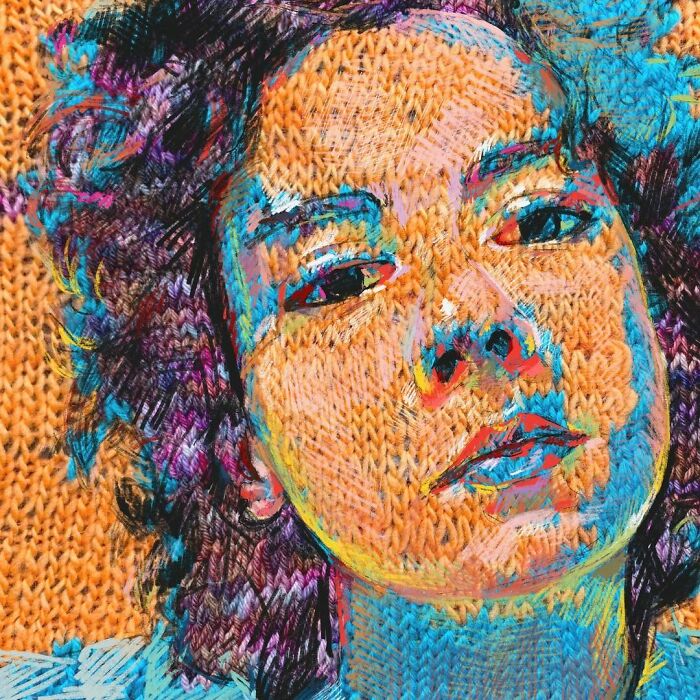 A stunning knitting portrait of a woman with vibrant, curly hair, blending traditional knitting with modern art.