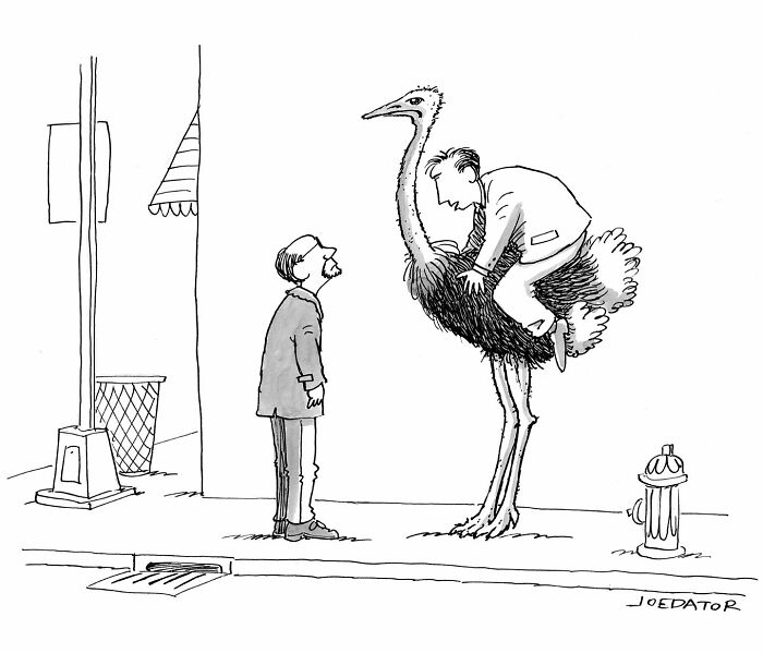 A brilliant single panel cartoonist shows one man riding an ostrich, facing another man on a city street.