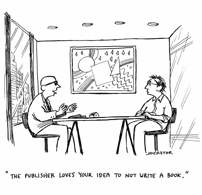 A brilliant single panel cartoonist shows two men at a table, discussing a book idea.