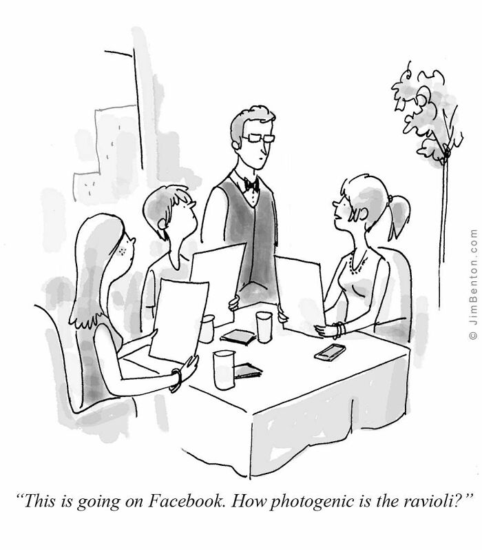 Four people at a restaurant, one asking How photogenic is the ravioli? New Yorker cartoons capturing everyday absurdity.