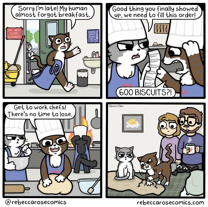 Rebecca Rose comics showing cats dealing with an order for 600 biscuits and a human's forgetfulness about breakfast.