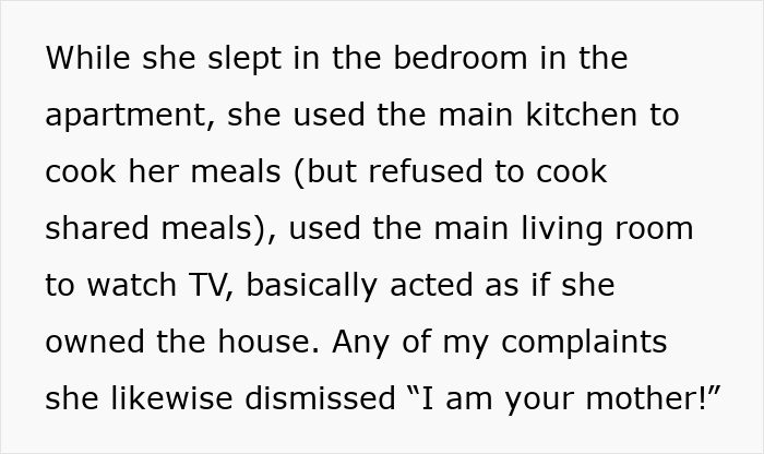 Screenshot of text detailing an entitled mom acting like she owns the house and dismissing complaints. Screenshot of text detailing an entitled mom acting like she owns the house and dismissing complaints.