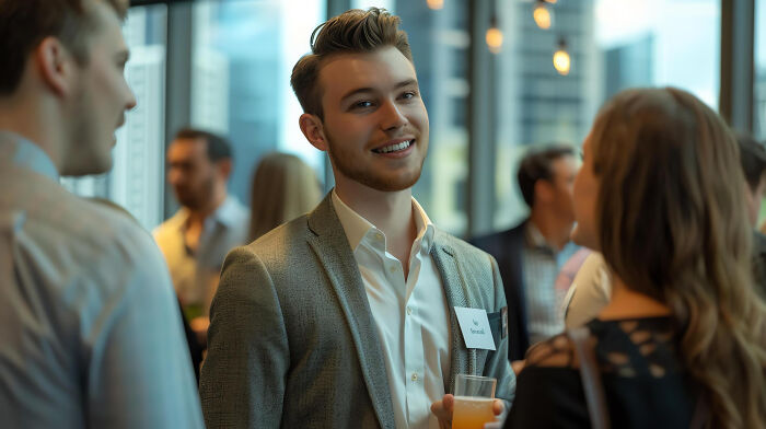 A young, smiling man at a social event, portraying jobs guys have that make women swipe left.