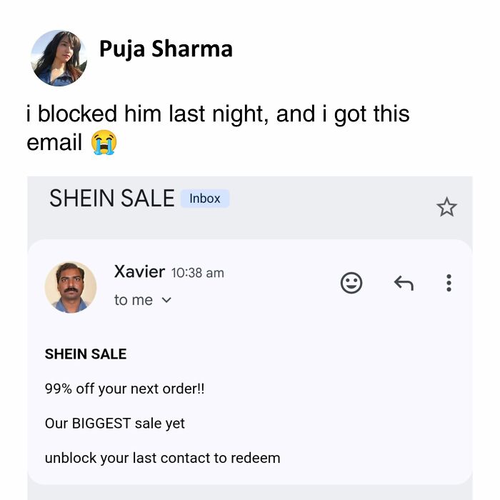 Hilarious post by Xavier about receiving an email from Shein offering a discount if an unblocked contact is added.