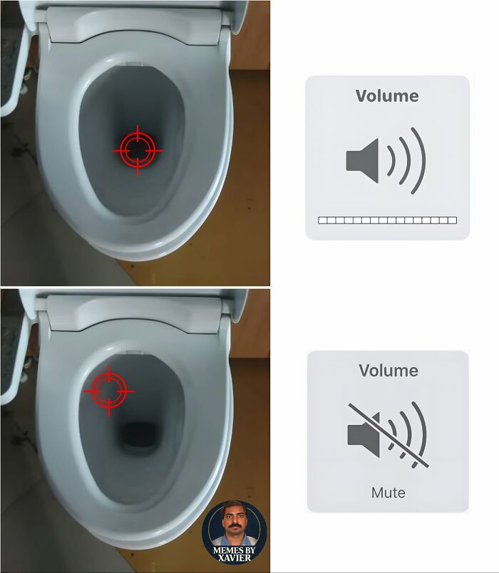 Hilarious Xavier post featuring a toilet with a target: top panel (loud) shows a target at the back, bottom panel (mute) shows a target at the front. The image also includes an image of Xavier.