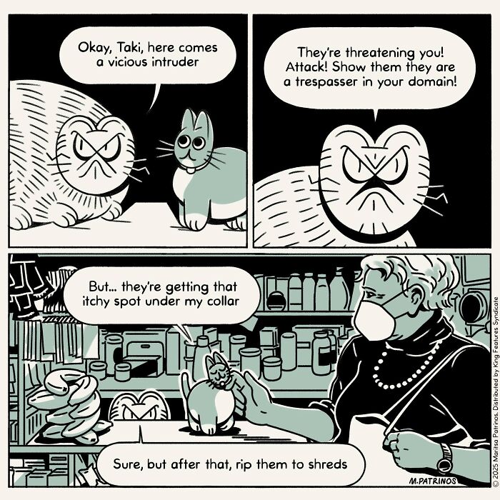 Cartoonist imagines cats with jobs: two cats plot against an intruder, while one gets a comforting scratch from a human.