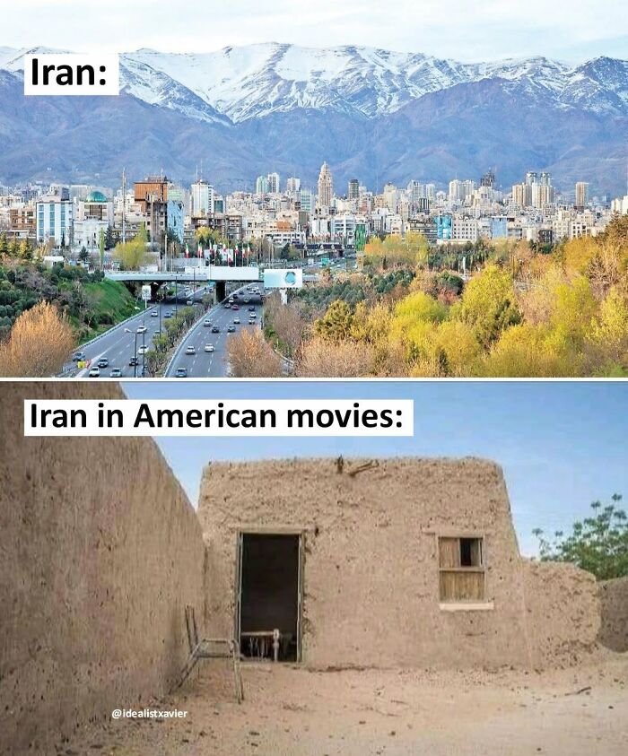 Hilarious post by Xavier showing a contrast between modern Iran and its depiction in American movies with a desert hovel.