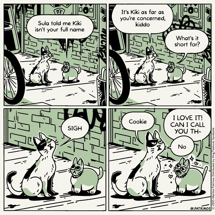 Cartoonist imagines cats with jobs: two cats discuss a name, with one cat disapprovingly responding to 'Cookie'.