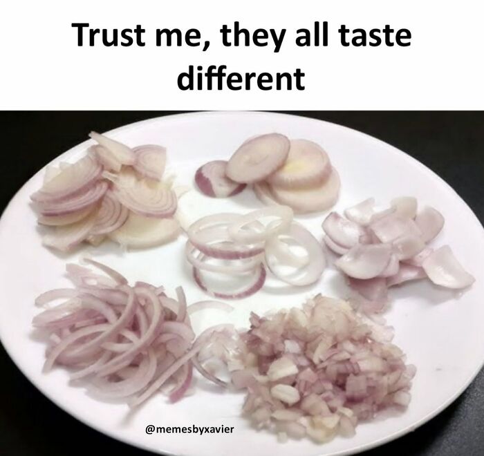 Hilarious post by Xavier depicting a plate of various styles of cut onions, claiming they all taste different.