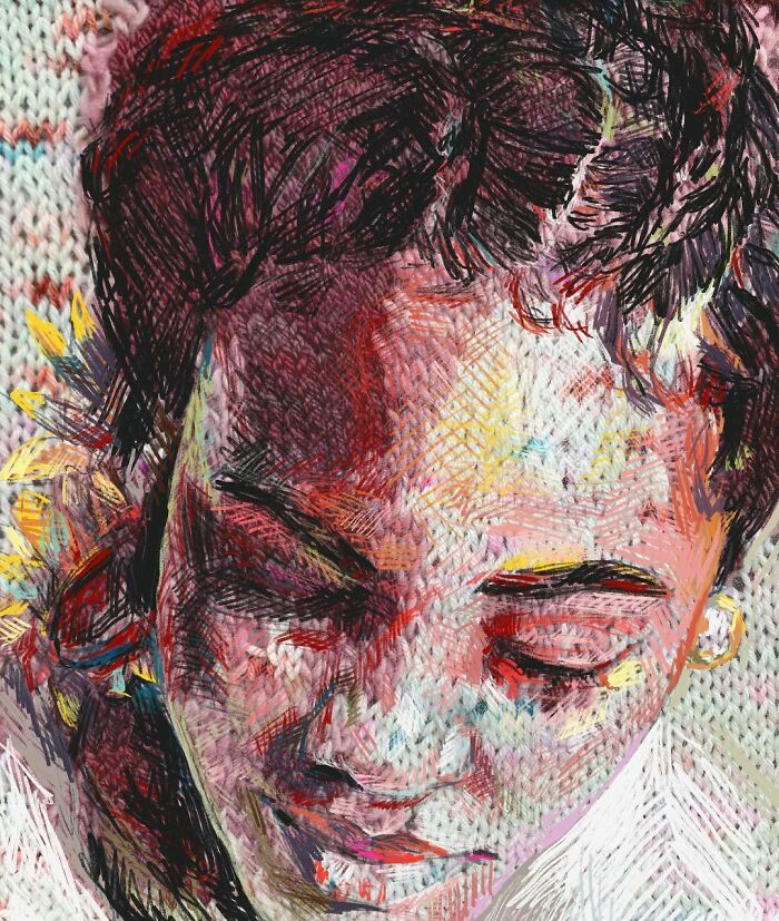 A contemplative modern art portrait of a person with closed eyes, showcasing traditional knitting with rich, warm tones.