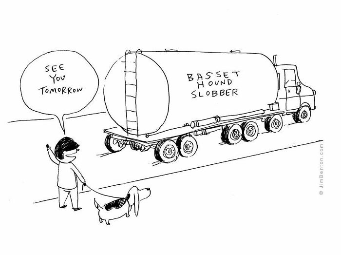 A man with a basset hound, waving goodbye to a truck labeled Basset Hound Slobber. Captures everyday absurdity.