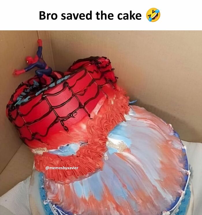 Hilarious post by Xavier shows a messy Spider-Man cake, implying someone attempted to save it after a mishap.