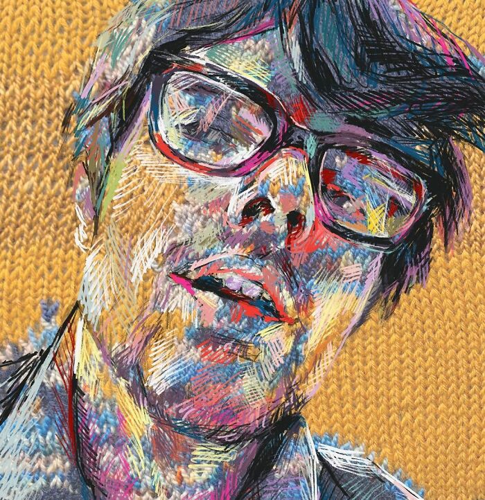 A modern art portrait of a person wearing glasses, looking up, crafted with traditional knitting and a spectrum of hues.