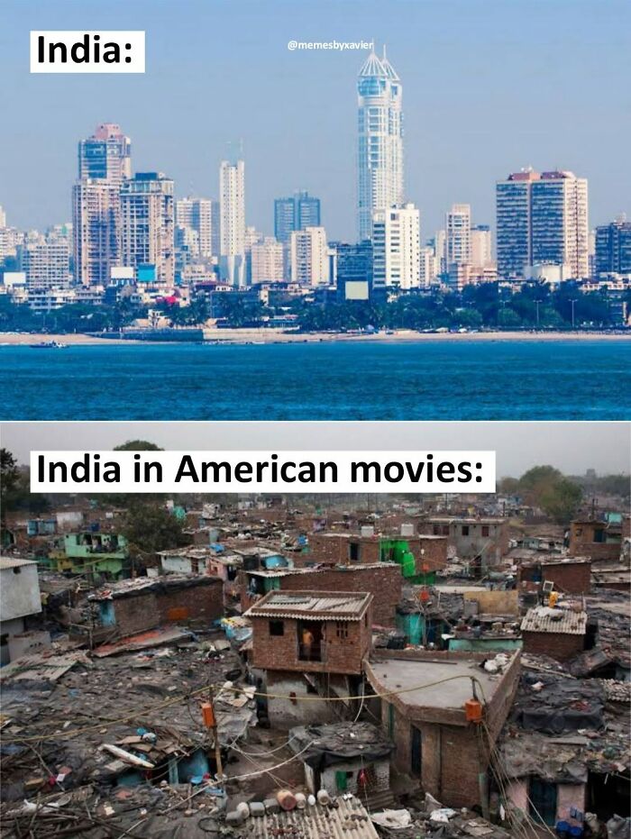 Hilarious Xavier post contrasting a modern Indian skyline (India) with a slum (India in American movies).