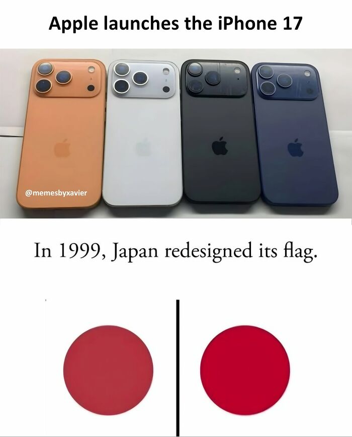 Image showing multiple iPhone 17 models and a comparison of Japan's flag from 1999, a hilarious post from Xavier.