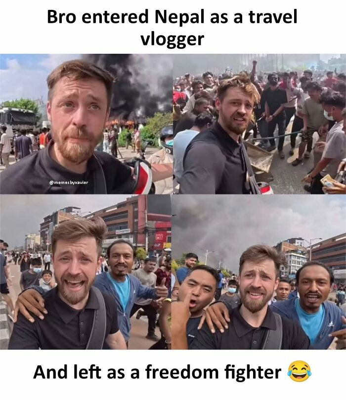 A collage showing a travel vlogger in Nepal with crowds and smoke, a hilarious post from Xavier about becoming a freedom fighter.