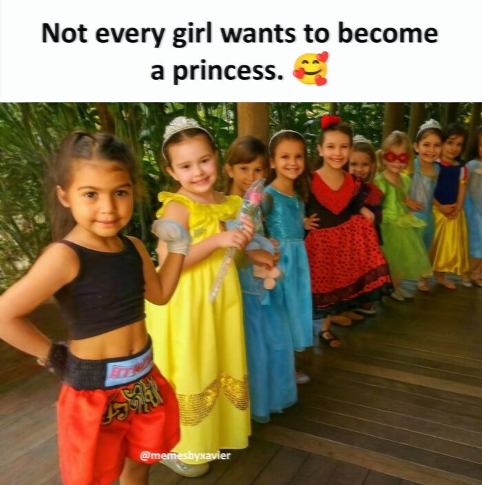 A girl in boxing shorts next to girls in princess dresses, a hilarious post from Xavier about not all girls wanting to be princesses.