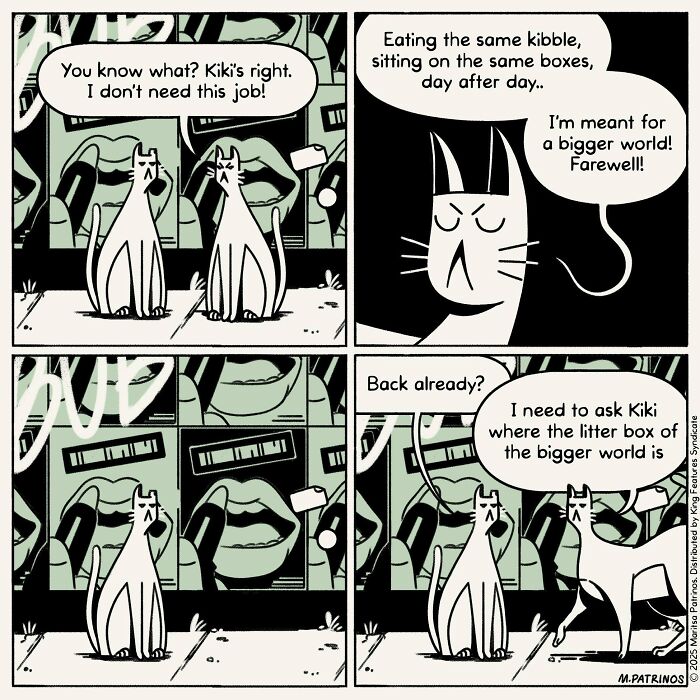 A cartoon of cats with jobs: a cat quits its job, leaves, and immediately returns for the litter box.