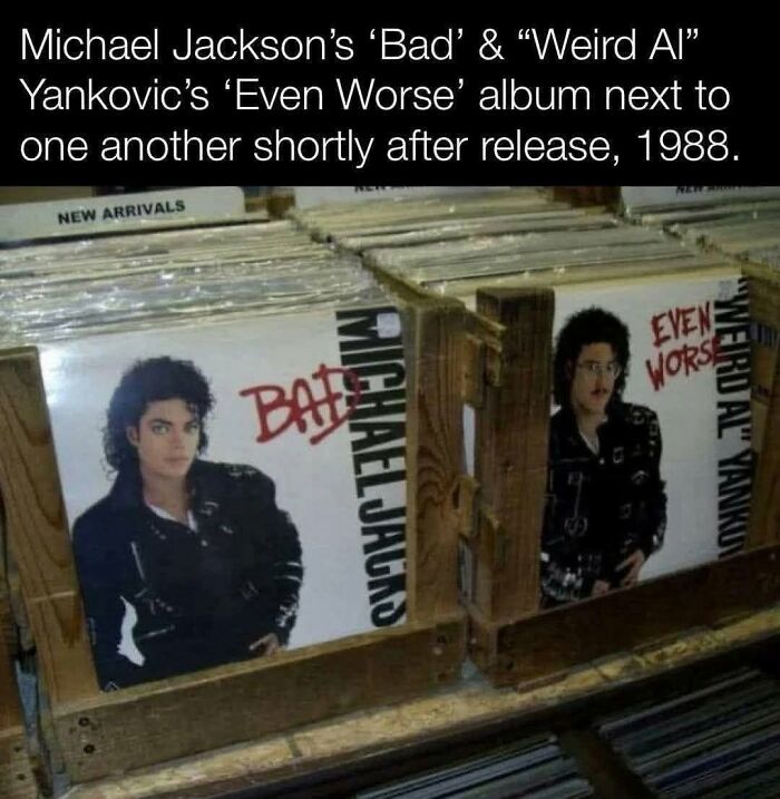 Michael Jackson and Weird Al Yankovic albums side by side, a Gen X meme from 1988.
