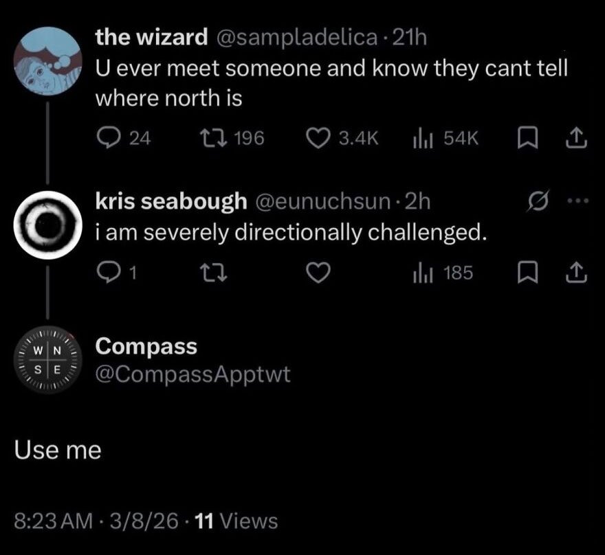 A hilariously unhinged screenshot of a tweet exchange about directional challenges, with a compass app replying.